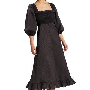 NEW Ganni Seersucker Puff-Sleeve Midi Dress, Size 2